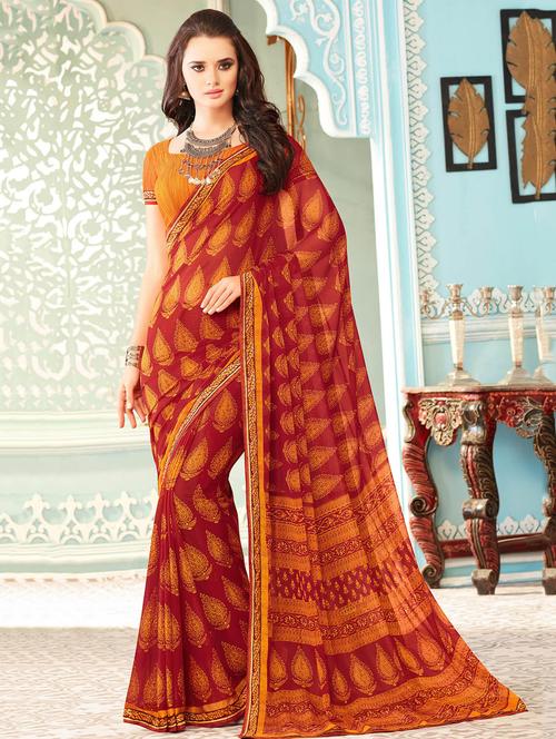 red chiffon printed saree with blouse - 14886334 - Very Small Image - 1