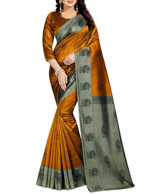 Brown printed saree with blouse - 14887050 - Very Small Image - 1