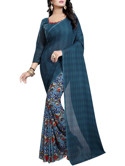 Blue printed saree - 14887061 - Very Small Image - 1