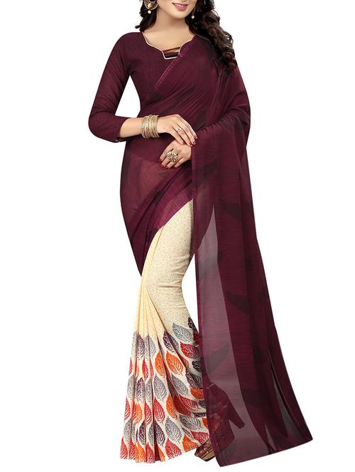 Purple & beige printed saree - 14887065 - Very Small Image - 1