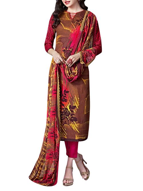 Samwri printed brown salwar suit unstitched suit - 14887101 - Very Small Image - 1