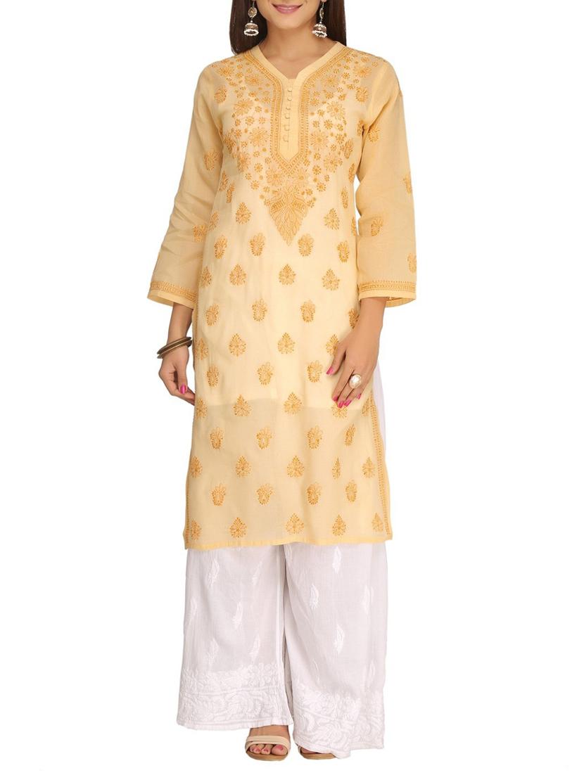 ada beige cotton straight kurta - 14887140 - Zoom Image - 1