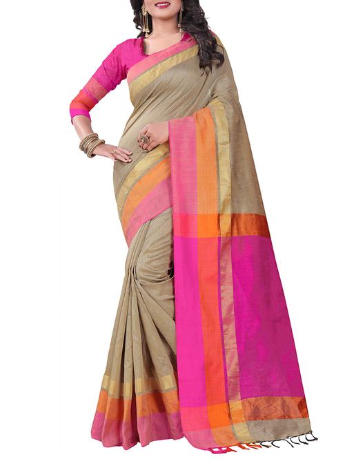 beige cotton bordered saree with blouse - 14887253 - Very Small Image - 1