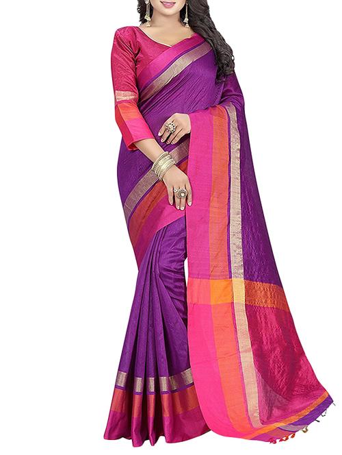 purple cotton bordered saree with blouse - 14887255 - Standard Image - 1