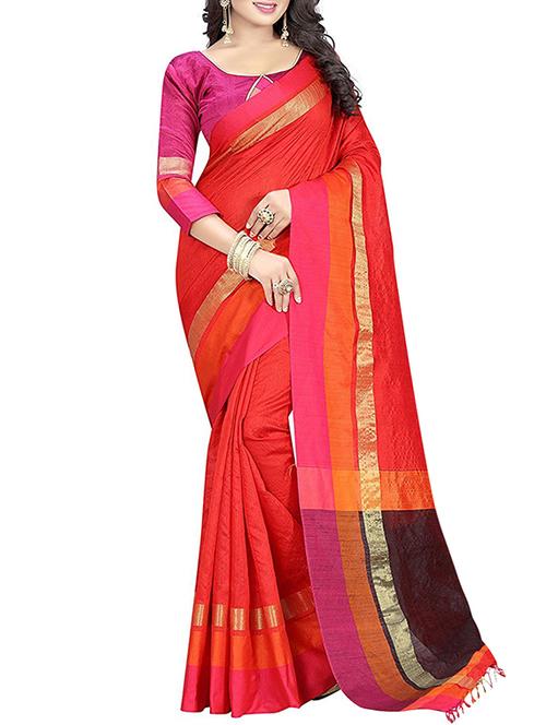 red cotton bordered saree with blouse - 14887256 - Very Small Image - 1