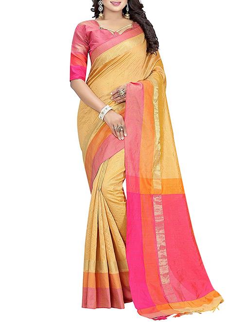 yellow cotton bordered saree with blouse - 14887257 - Very Small Image - 1