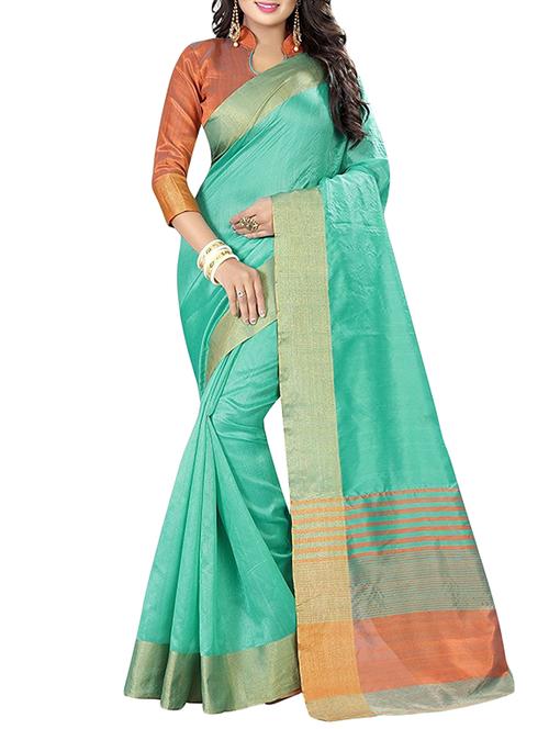 turquoise cotton bordered saree with blouse - 14887265 - Very Small Image - 1