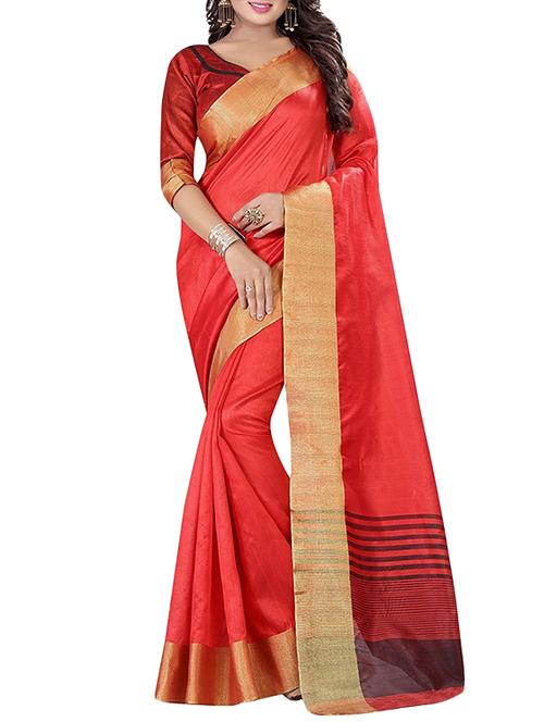 red cotton bordered saree with blouse - 14887266 - Very Small Image - 1