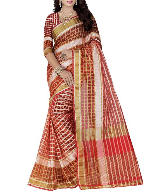 red cotton silk woven saree with blouse - 14887274 - Very Small Image - 1