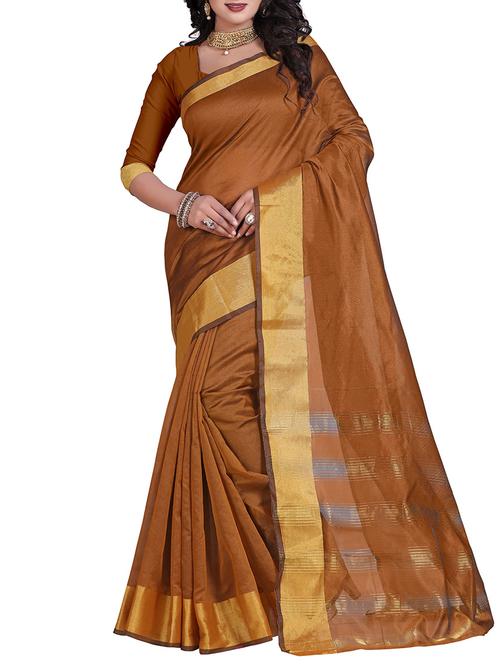 brown cotton silk bordered saree with blouse - 14887278 - Standard Image - 1