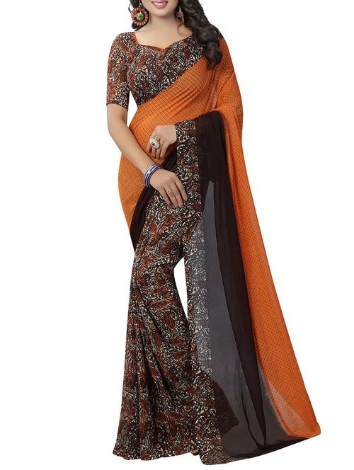 orange georgette printed saree with blouse - 14887284 - Very Small Image - 1