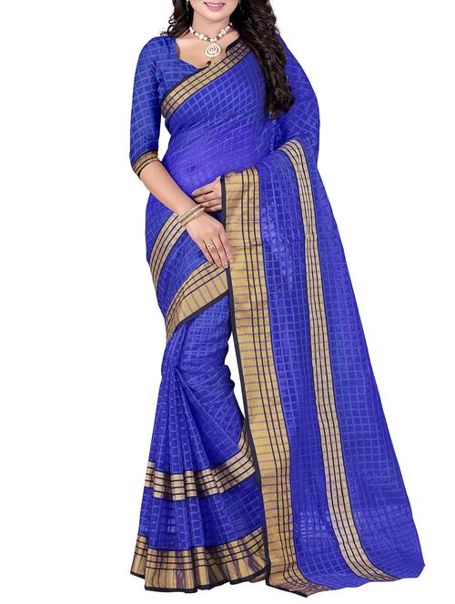 blue poly cotton woven saree with blouse - 14887329 - Very Small Image - 1