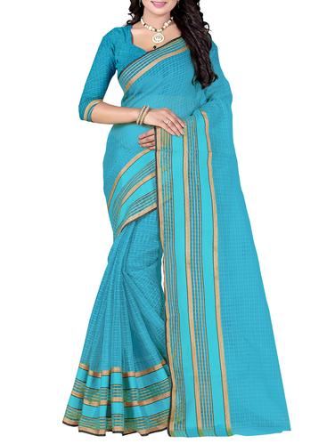 blue poly cotton woven saree with blouse - 14887341 - Very Small Image - 1