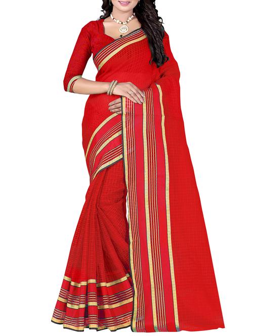 red poly cotton woven saree with blouse - 14887343 - Very Small Image - 1