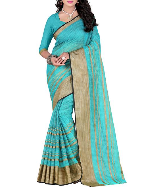 turquoise poly cotton woven saree with blouse - 14887353 - Very Small Image - 1