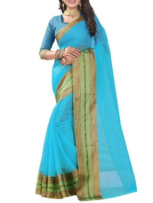 sky blue poly cotton woven saree with blouse - 14887367 - Very Small Image - 1