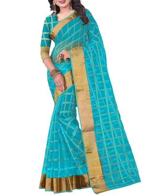sky blue poly cotton woven saree with blouse - 14887376 - Very Small Image - 1