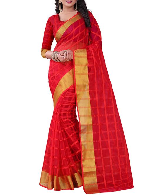 red poly cotton woven saree with blouse - 14887377 - Very Small Image - 1