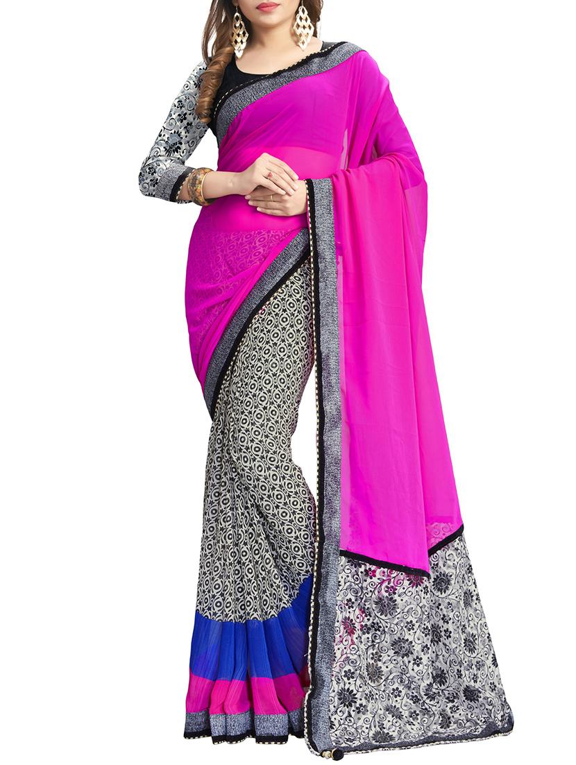 pink georgette printed saree with blouse - 14887380 - Zoom Image - 1