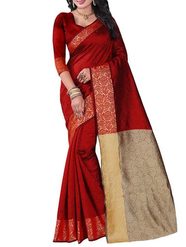 red silk blend woven saree with blouse - 14887392 - Very Small Image - 1