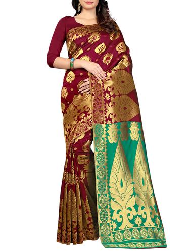 maroon silk blend woven saree with blouse - 14887404 - Very Small Image - 1