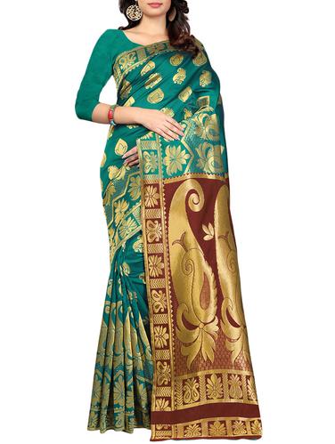 green silk blend woven saree with blouse - 14887406 - Very Small Image - 1