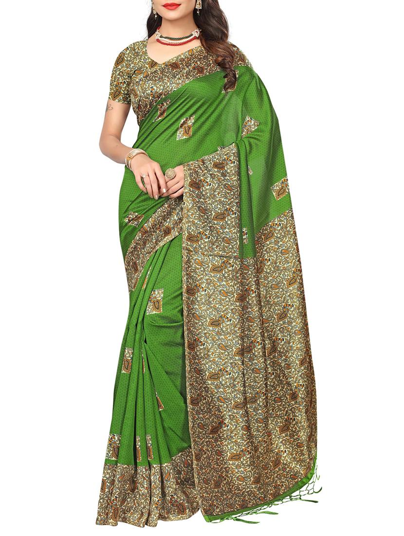 green silk blend printed saree with blouse - 14887928 - Zoom Image - 1