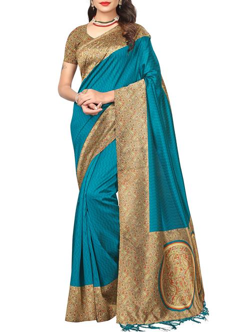 turquoise silk blend printed saree with blouse - 14887939 - Very Small Image - 1