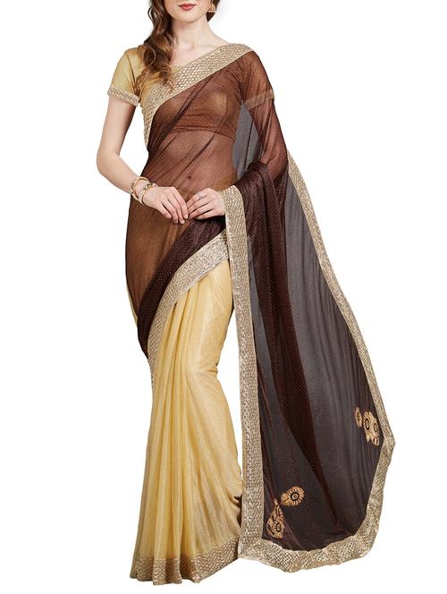 brown synthetic half and half saree with blouse - 14888173 - Very Small Image - 1