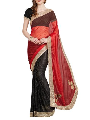 red synthetic half and half saree with blouse - 14888175 - Very Small Image - 1