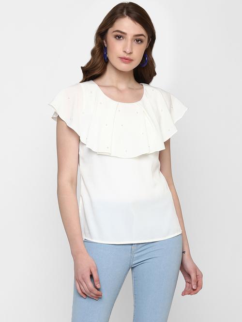 pearl embellished ruffle overlay top - 14888788 - Standard Image - 1