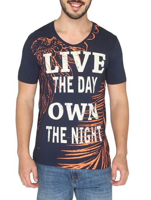 navy blue cotton front print t-shirt - 14888958 - Standard Image - 1