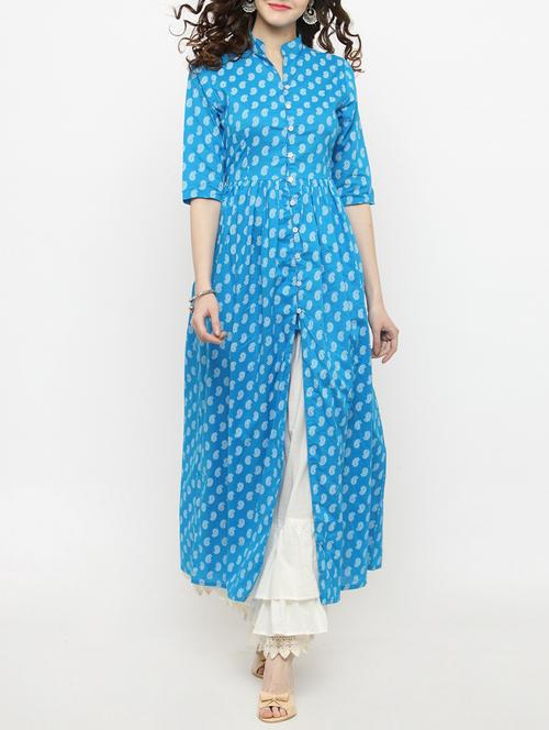 sky blue cotton high slit kurta - 14889449 - Very Small Image - 1