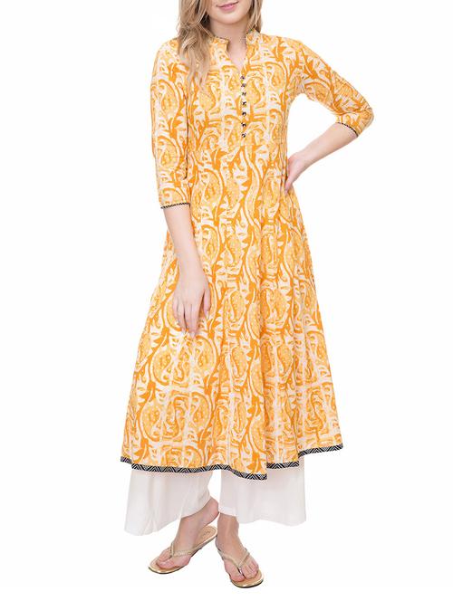 yellow cotton flared kurta - 14889578 - Standard Image - 1