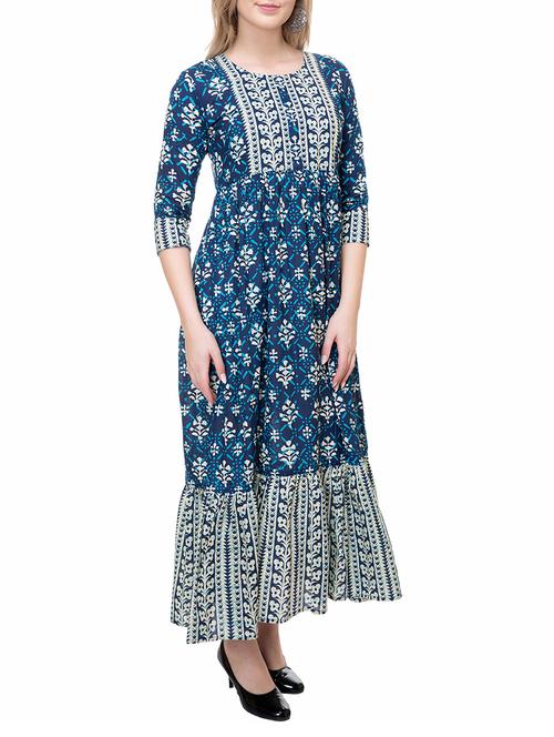blue cotton tiered kurta - 14889579 - Standard Image - 1