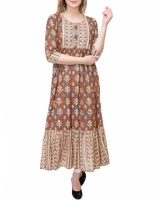grey cotton tiered kurta - 14889580 - Standard Image - 1