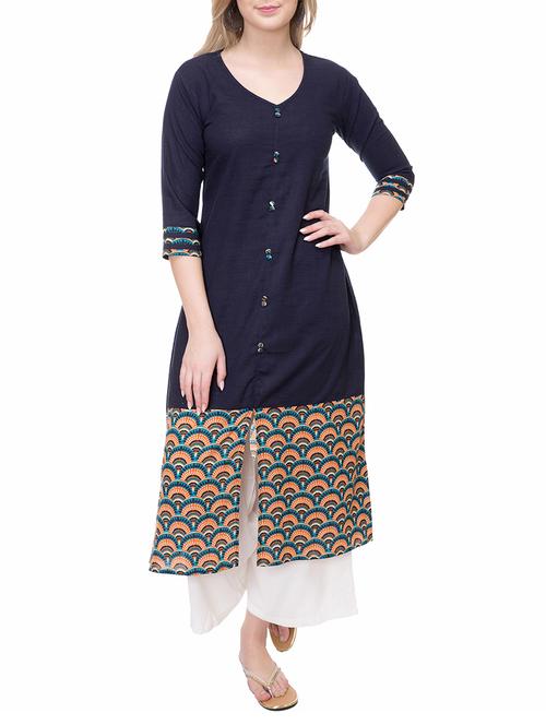 blue cotton straight kurta - 14889590 - Standard Image - 1