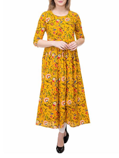 yellow cotton flared kurta - 14889592 - Standard Image - 1