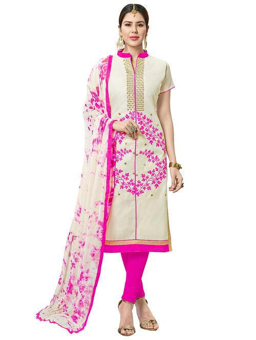 white chanderi cotton churidaar suits unstitched suit - 14890040 - Standard Image - 1