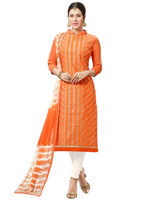 orange chanderi cotton churidaar suits unstitched suit - 14890041 - Standard Image - 1