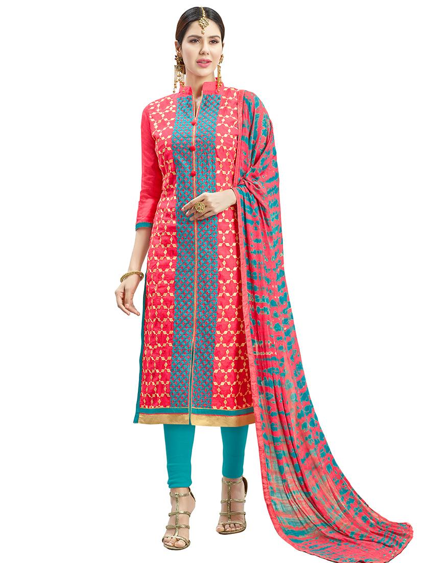 red chanderi cotton churidaar suits unstitched suit