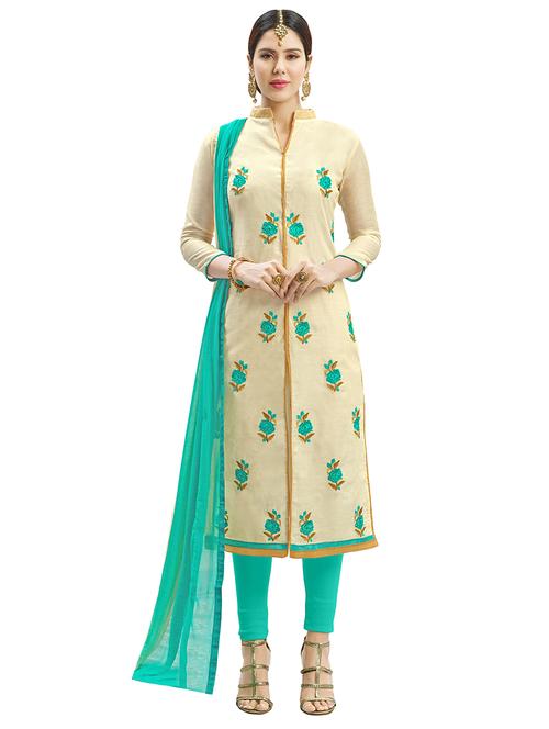 cream chanderi cotton churidaar suits unstitched suit - 14890047 - Standard Image - 1