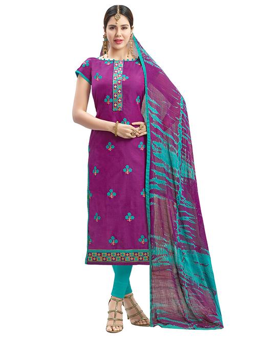 purple chanderi cotton churidaar suits unstitched suit - 14890048 - Very Small Image - 1