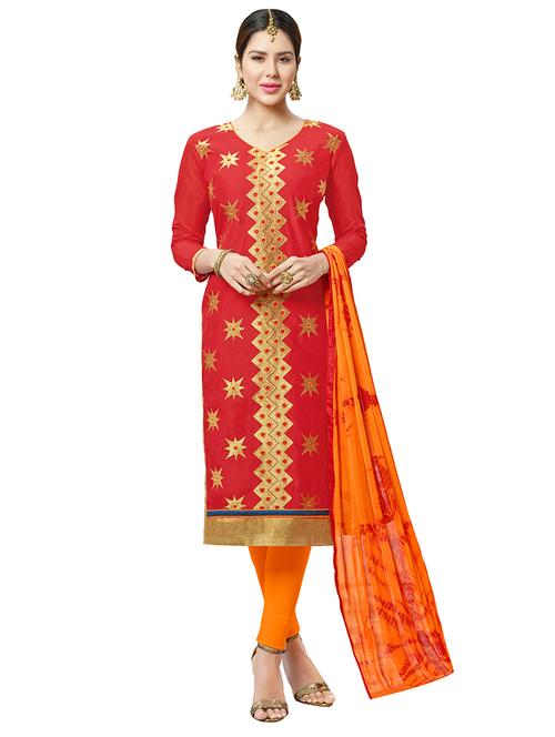 red chanderi cotton churidaar suits unstitched suit - 14890049 - Standard Image - 1