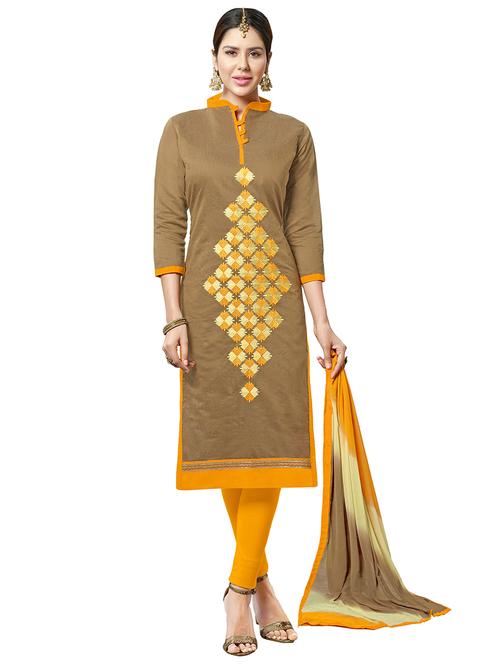 beige chanderi cotton churidaar suits unstitched suit - 14890051 - Standard Image - 1