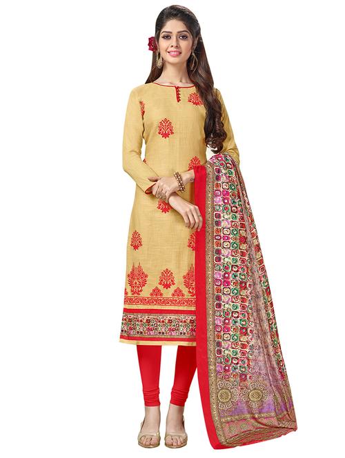 beige cotton churidaar suits unstitched suit - 14890056 - Standard Image - 1