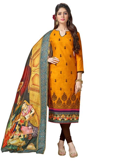 mustard cotton churidaar suits unstitched suit - 14890057 - Standard Image - 1