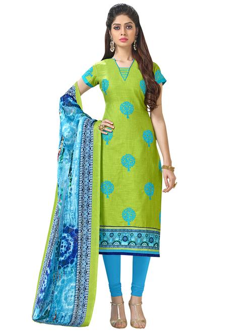 green cotton churidaar suits unstitched suit - 14890058 - Standard Image - 1