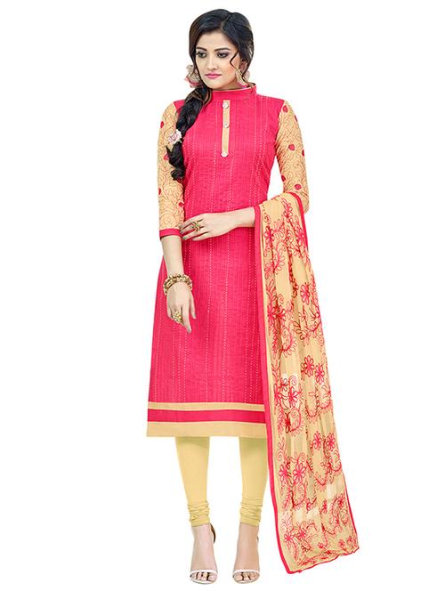 pink cotton churidaar suits unstitched suit - 14890071 - Standard Image - 1