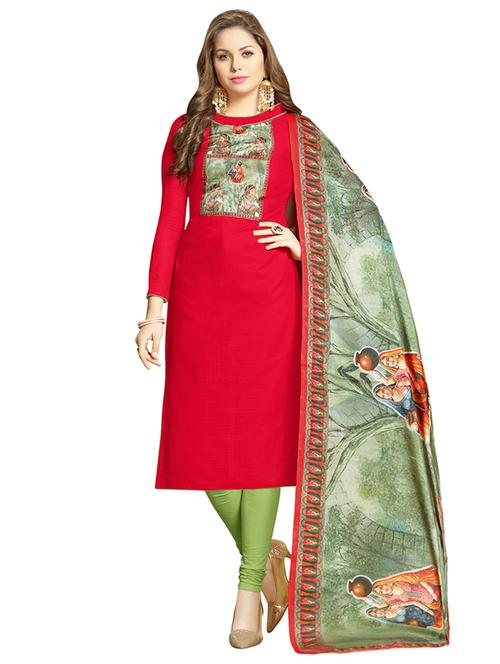 red cotton churidaar suits unstitched suit - 14890079 - Standard Image - 1